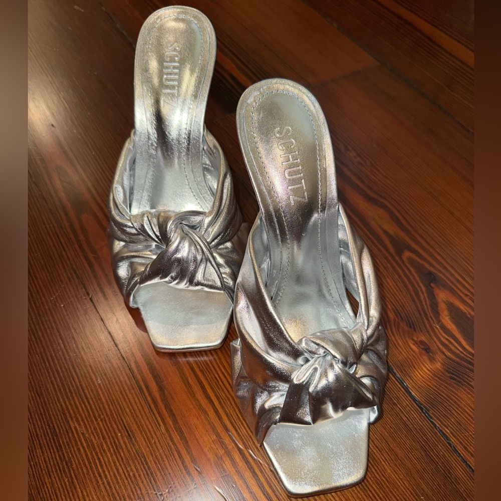 SCHUTZ Silver Mules with Bow Detail